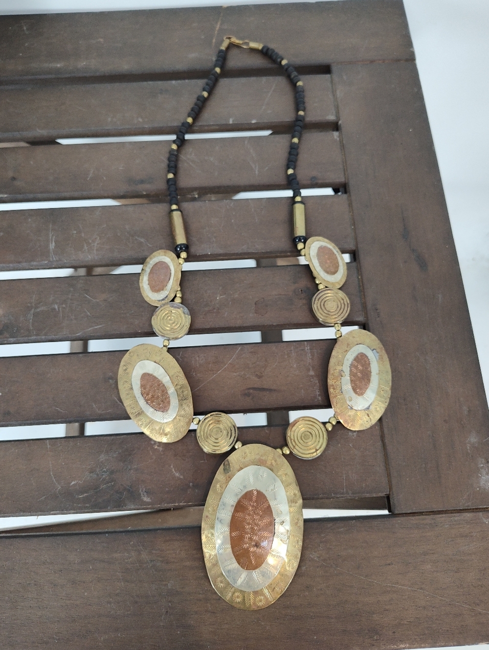 Handmade Vintage Metal Gold Silver and Copper Statement Oval Pendant Necklace